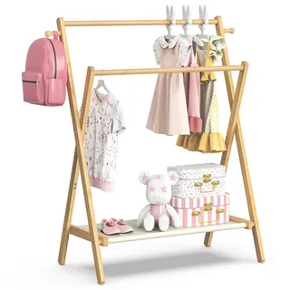 BAMBOOHOMIE Kinderkleiderständer, Kostümständer für Kinder, mit Regal und Doppelstangen, zusammenklappbarer Kleiderständer für Kinderkleidung, Haustiere, Babyzimmer