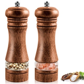 Salz und Pfeffermühle 2er Set aus Holz - Pfeffer und Salzmühle Edle mit verstellbarem Keramikmahlwerk - Manuell Gewürzmühle mit Acrylfenster Klein(16,5 cm) - Salz und Pfefferstreuer für Pfeffer Chilli