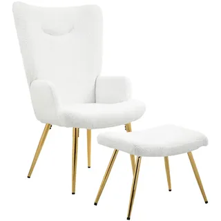 Homcom Ohrensessel mit Hocker, Sessel mit Sherpa-Bezug, Hohe Rückenlehne, Loungesessel mit Armlehne, Stahlbeine für Wohnzimmer, Schlafzimmer, Weiß