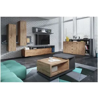 Lomadox Wohnwand inkl. Sideboard Couchtisch und LED Beleuchtung in Eiche Ribbeck Nb. mit Absetzungen in anthrazit, B/H/T: ca. 300/200/45 cm