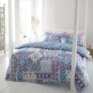 Catherine Lansfield Bettwäsche-Set Boho Patchwork Doppelbettbezug mit Kissenbezügen, Blau