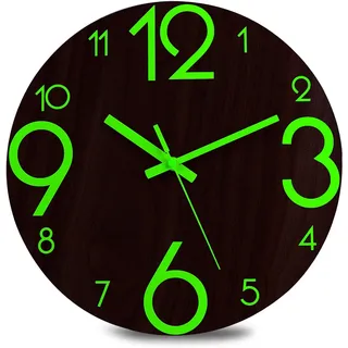 Plumeet Leuchtende Wanduhr - 30 cm Leise Holzuhr Fluoreszierend - Große Dekorative Wanduhr für Küche, Büro und Schlafzimmer (Flache Zahlen)