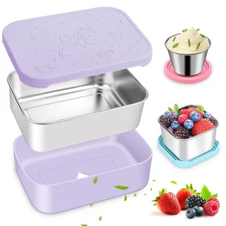 Hydream 3 Stück Edelstahl Bento Box Lunchbox Set, 850ml Auslaufsicher Brotdose für Erwachsene mit Silikondeckel und Schutzhülle, Klein Metall Brotzeitdose Lunch-Boxen, Saucenbecher Snackbehältern-Lila