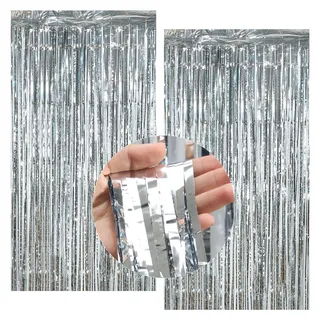 Kolamom 2 Stück Lametta Vorhang Silber, Glitzer Vorhang 200x100 cm, Party Deko für Dekoration Party, Hochzeit, Disco, Geburtstagsdeko