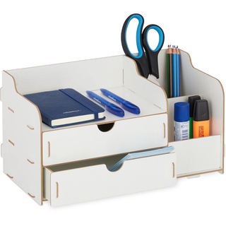 Relaxdays Schreibtisch Organizer, 2 Schubladen & 3 Fächer, Stiftehalter MDF, HBT: 17 x 33 x 19 cm, Büroorganizer, weiß