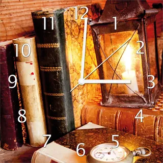 Wallario Design Wanduhr Antike Laterne mit Kerze alten Büchern und Taschenuhr aus Echtglas, Größe 30 x 30 cm - Schwarz