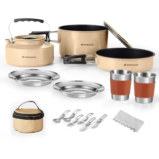 Odoland Camping Kochgeschirr Set Antihaft-Topf und Pfanne Set mit Wasserkocher, Edelstahl Utensilien Mess Kit, Tassen Teller Messer Löffel Gabeln für Outdoor-Kochen