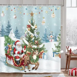 COZZSNUGE Duschvorhang 180 x 180 cm Weihnachten, Weihnachtsmann Schlitten Rentier Winter Duschvorhänge Anti-schimmel Wasserdicht Polyester Stoff Badvorhang mit 12 Duschvorhangringen