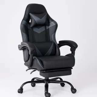 DUMOS Gaming Stuhl, Chair Gamer Sessel - Ergonomischer Gamer Stuhl mit Fußstütze Kopfstütze und Lordosenstütz Höhenverstellbar Gepolstert Gamingstuhl 150 Kg Tragkraft PC Sessel Drehsessel Schwarz-Grau