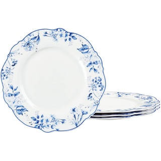 fanquare Kuchenteller 4-er Set, Brotteller Porzellan Blaues Blumen Muster, Tortenteller Ø 21 cm Pastateller Dessertteller Set Spülmaschinenfest Mikrowellengeeignet