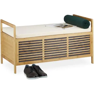 Relaxdays Sitzbank mit Stauraum, Aufbewahrungsbox m. Sitzkissen f. Flur, Bambus Truhe L HxBxT: 50 x 93 x 48 cm, natur