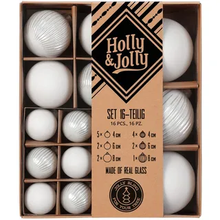 Holly & Jolly - Weihnachtskugeln mit Struktur Just White, 16 Stück | Christbaumkugeln aus Glas, ca. 4, 6 und 8 cm, Weihnachtsbaumschmuck in Weiß, matt & strukturiert, Weihnachtsdeko