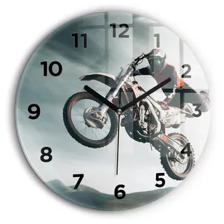 Wallfluent Große Wanduhr – Stilles Quarzuhrwerk - Uhr Dekoration Wohnzimmer Schlafzimmer Küche - Zifferblatt - schwarze Zeiger - 60 cm - Motorrad im Adrenalin-Stil - Grau