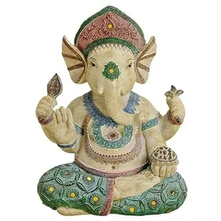 TEMPELWELT® Deko Figur Ganesha vierarmig 23 cm, Polystein Mehrfarbig, Elefantengott Statue sitzend, Hindu Gott Ganesh Elefant, Buddha Indien Asien