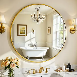 Antok Spiegel Rund, 52cm Gold Dekorative Wandspiegel für Bad, Eitelkeit, Wohnzimmer, Eingangsbereich, Runder Spiegel Hängend oder Lehnend, Aluminium Rahmen