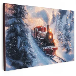MuchoWow Leinwandbild Weihnachtszug - Schnee - Winter - Weihnachten Wanddeko 90x60 cm , Dunkelrot , Textil , Kiefer , Rechteckig , 90x60 cm , FSC 100% , gerahmt , Bilder & Rahmen, Bilder, Leinwandbilder