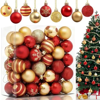 Weihnachtskugeln,50 Stück Christbaumkugeln Bunt,Weihnachtsdeko,Weihnachtskugeln Kunststoff,Dekokugeln für Weihnachtsfeier,Draußen,Hochzeit,Party,Baumschmuck Haken enthalten (Rot & Gold)