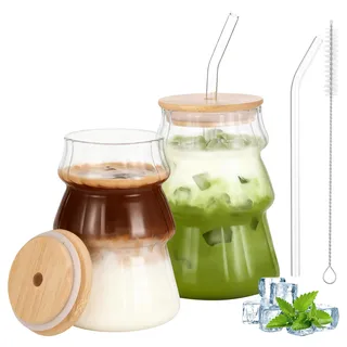 Hejo Matcha Gläser, 2 Stück Latte Macchiato Gläser, Eiskaffee Becher Set, 500 ml Glasbecher mit Deckel und Strohhalm, Kaffeegläser, Trinkglas für Eisbecher Smoothie Eistee Saft