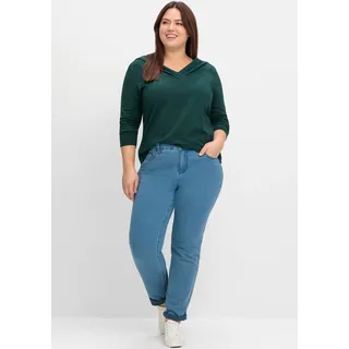 Langarmshirt SHEEGO BY JOE BROWNS "Langarmshirt", Damen, Gr. 52/54, blau (tiefgrün), 95% Baumwolle, 5% Elasthan, unifarben, V-Ausschnitt, Shirts Langarmshirt