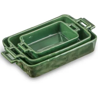 VICRAYS Keramik-Backformen-Set, Porzellan, rechteckige Backform, Backform, Lasagnepfannen, Auflaufform, Set zum Kochen, Küche, Kuchenessen, 3 Stück, 38.1x21.6 cm (grün)