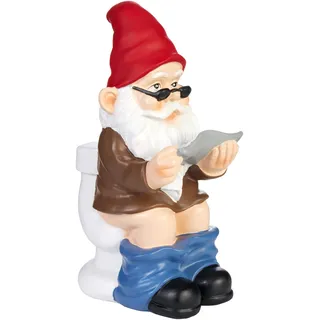 BRUBAKER Gartenzwerg auf dem Klo - Zwerg auf Toilette mit Brille und Zeitung - Gartenfigur Lustig - Dekoration Wetterfest für Garten Campingplatz - Gartendeko für außen - 20 cm groß