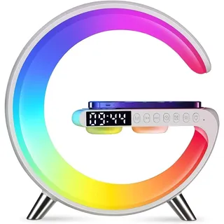 Kabelloses Ladegerät Atmosphäre Lampe, Mini Wireless Lautsprecher Lampe mit Wecker, Bluetooth Lautsprecher mit Atmosphäre Licht, Nachttischlampe Geschenke für Wohnkultur, Schlafzimmer (9-Tasten-mit