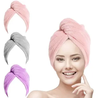 URAQT Haarturban Handtuch, 3 Stück Turban Haartrockentuch, Knopf Haarturban, Kopftuch Handtuch für Lange Haar, Schnelltrocknend Mikrofaser Handtuch Pink/Grau/Lila