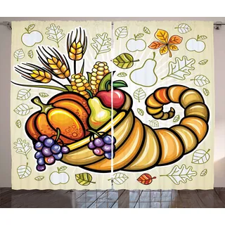 ABAKUHAUS Ernte Rustikaler Gardine, Cornucopia Thema Lebensmittel, Schlafzimmer Kräuselband Vorhang mit Schlaufen und Haken, 280 x 175 cm, Orange Grün Lila - Orange