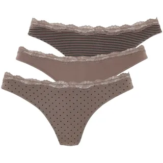 LASCANA String 3er-Pack, aus elastischer Baumwolle mit zarter Spitze, taupe, uni, gepunktet, gestreift, gestreift
