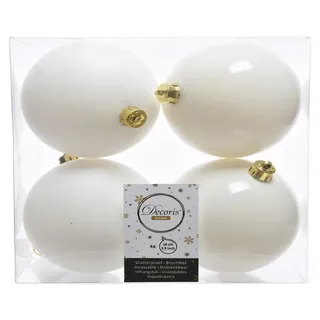 Weihnachtsbaumkugeln Set 4 Stück Ø 10 cm wollweiß bruchsicher Kunststoff glanz matt Mix ohne Aufhänger ideal für Christbaum Adventskranz - Weiß