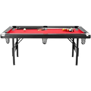 Billardtisch, 6,3 ft Pooltisch, tragbarer, klappbarer, platzsparender Tisch, Billardtisch-Set inklusive Kugeln, Queues, Kreide und Bürste, schwarz mit rotem Tuch, perfekt für das Familien-Spielzimmer, Kinder, Erwachsene