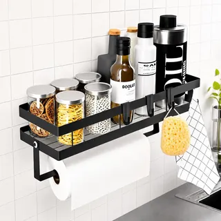 Trlyane Gewürzregal für die Wand ohne Bohren mit Küchenrollenhalter, Küchenregal aus Kohlenstoffstahl Schwarz, Wandregal Küche mit 4 Haken für Gewürze und Küchenutensilien