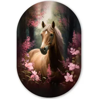 MuchoWow Wandbild Pferd - Blumen - Rosa - Natur - Wald Deko Wohnzimmer 40x60 cm , Altrosa , Kunststoff , Oval , 40x60 cm , einfache und schnelle Anbringung , Bilder & Rahmen, Bilder, Sonstige Wandbilder