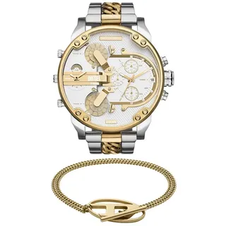 Diesel Herren Mr. Daddy 2.0 Multicolor Uhr und Oval D Logo Armband aus goldfarbenem Edelstahl, Set
