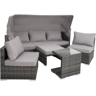 tectake Rattanlounge San Marino, mit Sicherheitsglasplatte, variabel aufstellbar, grau , Grau , Kunststoff , Organisch , 68x131x199 cm , Gartenmöbel, Loungemöbel, Gartensofas & Loungesofas