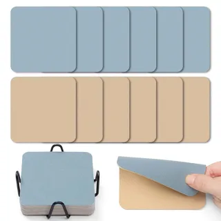 Myir JUN Untersetzer Gläser 12er Viereckige Glas Untersetzer Set 10cm Doppelseitige Untersetzer Teller Wasserfeste rutschfeste Untersetzer mit Untersetzerhaltern(Kamelgelb Hellblau)