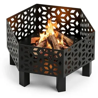 MetaloPro Hexa AXIS Feuerschale sechseckig – Feuerstelle Garten 70 cm, 3 mm Stahl geschweißt, Lasercut Linien-Muster, schwarz pulverbeschichtet, EU-Herstellung