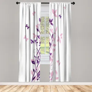 ABAKUHAUS Frühling Vorhänge 2 Panel Set für Wohnzimmer Schlafzimmer Dekor, Violette Baum Wirbelnde Persischer Flieder Blüten Mit Schmetterling Zierpflanze Grafik, 150 cm x 225 cm, Quartz Rose - Weiß