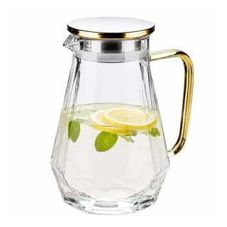 2L Diamant Glaskaraffe aus Borosilikatglas mit Goldenem Deckel & Griff, Wasserkrug Heiß- und Kaltgetränkekrug für Tee, Kaffee, Saft und Infused Water