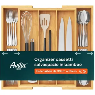 Avilia Besteckhalter mit 5 ausziehbaren Fächern aus Bambus - Küchenorganizer für Schublade, verstellbare Schubladenteiler von 33 cm bis 55 cm, platzsparender Schubladen-Organizer, 43 x 5 cm