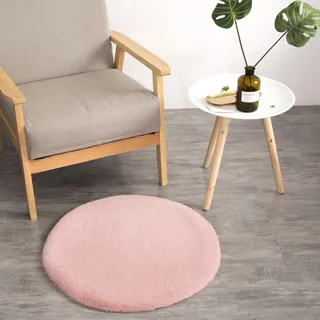 Teppich Wölkchen Fell Rund, Fellteppich Rund, Kunstfell Teppich Waschbar, Hasenfell, Kaninchenfell - Flauschiger Teppich Wohnzimmer, Bettvorleger Schlafzimmer - Rosa - Rund 45cm