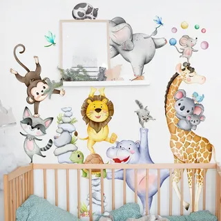 WandSticker4U®- Wandtattoo DSCHUNGEL TIERE XXL (64x83 cm) I Wandsticker Kinderzimmer Tiere Safari Afrika Giraffe Löwe Dschungel I Wandaufkleber Babyzimmer Kinderzimmer Deko Jungen Mädchen GROß