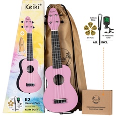 Ortega Guitars Sopran Ukulele rosa - Keiki K2 - Starterkit inklusive Tuner, Gurt, 5 Medium Plektren & Kordelzugtasche - pastell/fairy dust (K2-FYD)