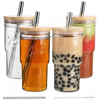 STARVAST 4 Stück 720 ml Glasbecher mit Deckel und Strohhalm, Verdicktes Glas Trinkgläser Luftdicht Wasserdicht Trinkbecher Gläser, Becher Trinkglas für Fruchtsaft/Smoothies/Bier/Kaffee/Gemüsesaft/Tee