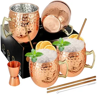 Moscow Mule Kupferbecher-Set mit 4 Premium Moscow Mule Becher 54cl/540ml 4 Stück Becher aus verkupfertem Edelstahl Großartig für Cocktail Gekühlte Getränk mit 1/0.5oz Double Jigger Löffel Strohhalme