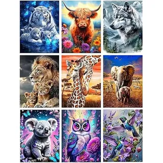Mrnsiet 9 Pack Animals Diamond Painting Kits for Adults, DIY 5D Lion Diamond Art Kits for Beginners, Full Drill Tiger Wolf Dimond Painting Picture for Home Wall Decor Gift 12 x 16 Inch
