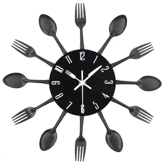 Timelike Edelstahl Küchenutensilien Uhr - Küche Besteck Wanduhr mit getönten Gabeln, Löffel, Spatel Design Küchenuhr mit für Küche Déco Indoor und Outdoor 12.6'' Schwarz