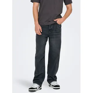Relax-fit-Jeans ONLY & SONS "ONSFADE LOOSE BOX TAI DNM MU OTL", Herren, Gr. 31, Länge 30, washed schwarz, Denim/Jeans, Obermaterial: 100% Baumwolle, Abriebeffekte, relaxed fit lang, Jeans Relax-fit-Jeans, Baumwolle, relaxed fit