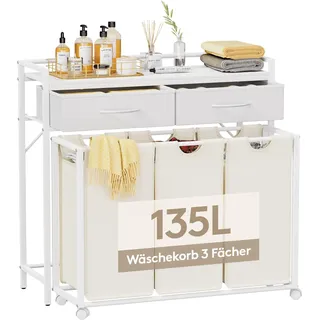 Lifewit 135L Wäschekorb 3 Fächer, Grobe Rolling Wäschesammler mit Regal & 2 Schubladen,WäSchekorb Veranstalter Mit RäDern und Abnehmbare Tasche für WaschküChe Bad, Weiße & Beige