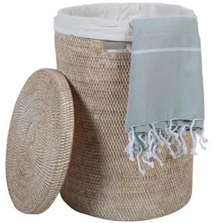 Wäschekorb Rattan Cleo Weiß Wäschsammler Aufbewahrung Wäschebox rund mit Deckel und Innensack Ø40 cm x Höhe 60 cm Größe XL